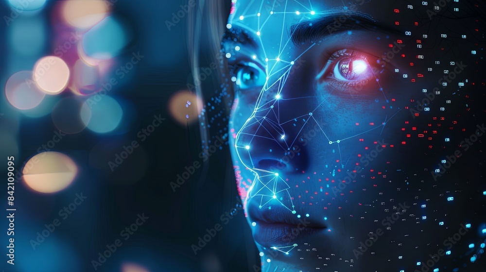 Aufkleber A close-up image depicting a persons face illuminated by a futuristic facial recognition system. Generative AI