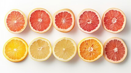 Variety of grapefruit slices arranged on a white background
