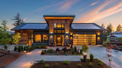 Naklejka premium Modern House Exterior At Sunset