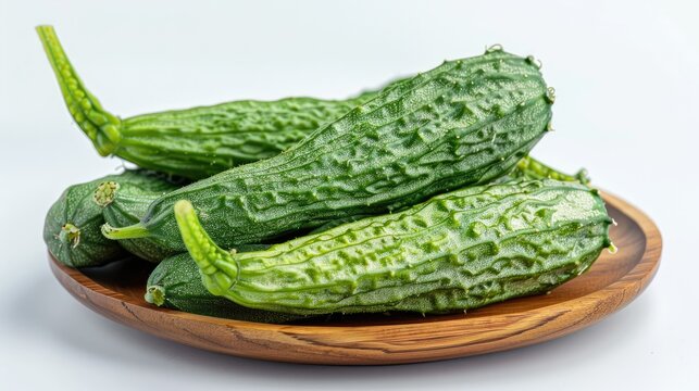 Green bitter cucumber or Chinese bitter melon on a wooden plate against a white background