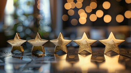 Five gold stars are arranged in a row on a table, reflecting light in a blurred background.