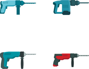 Vector icons depicting four different electric drills in a flat design style