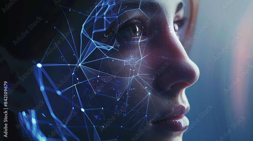 Leinwandbilder A close-up view of a persons face with a digital web of lines overlaying it, symbolizing a facial recognition system. Generative AI