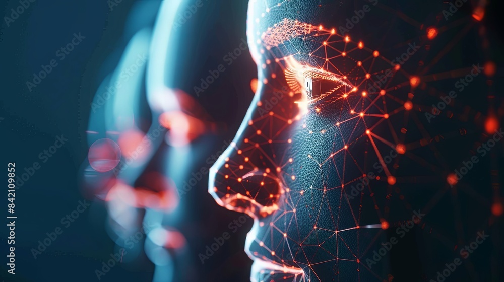 Aufkleber A close-up of a digitized face with red glowing lines and points mapping out its features. Generative AI