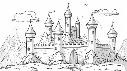Minimalist Line Art Illustration of a Fairytale Castle - Children's Tale Design