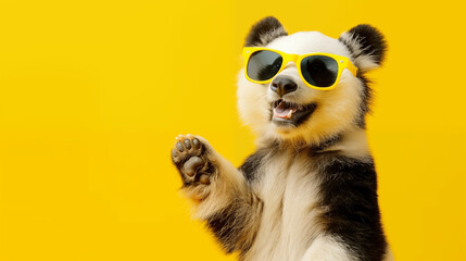 Obraz premium Stylish big Panda with trendy yellow sunglasses waves its hand.