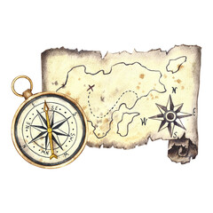 Treasure island. Antique compass and vintage map of the island. Handmade watercolor illustrations. The theme is sea voyages and pirates. For banner, flyer, poster. For printing, sticker and packaging. © ANTONINA MASLOVA