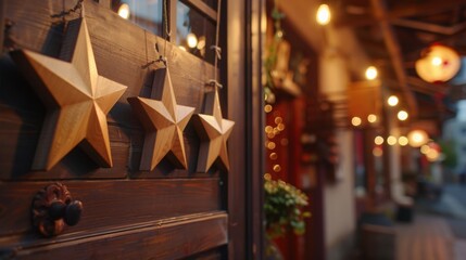 Three wooden stars hang on a wooden doorway, with a blurry background of a street lit with string lights.