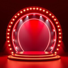 Neon show light podium red background. illustration.