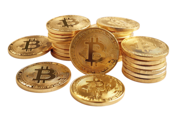 A PNG image showcases a stack of golden bitcoins