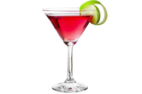 A transparent PNG image presents a classic Cosmopolitan cocktail garnished with a lime peel