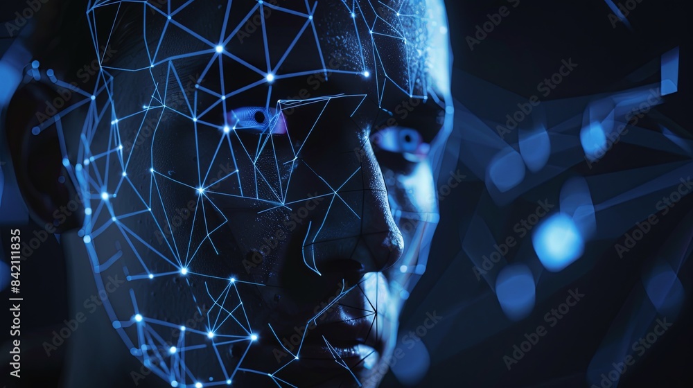 Poster a close-up image depicting a face overlaid with a blue, glowing digital mesh, representing the conce