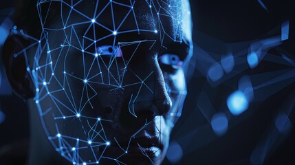 A close-up image depicting a face overlaid with a blue, glowing digital mesh, representing the concept of facial recognition technology. Generative AI