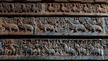 Stone Carving of Hoysaleshwara Temple in Halebidu. Karnataka. India.