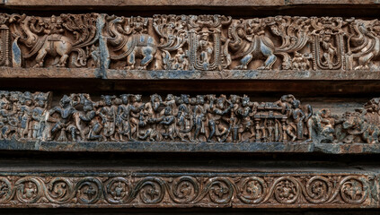 Stone Carving of Hoysaleshwara Temple in Halebidu. Karnataka. India.