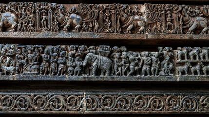 Stone Carving of Hoysaleshwara Temple in Halebidu. Karnataka. India.