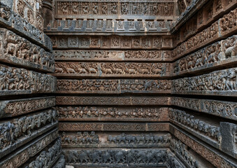 Stone Carving of Hoysaleshwara Temple in Halebidu. Karnataka. India.