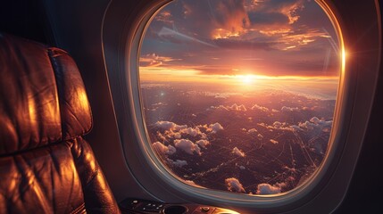 Fototapeta premium Sunset view from airplane window with leather seat