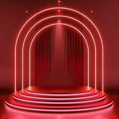 Neon show light podium red background. 