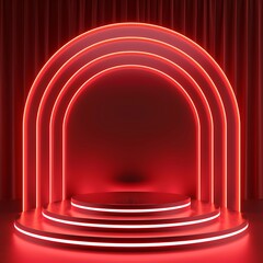 Neon show light podium red background. 