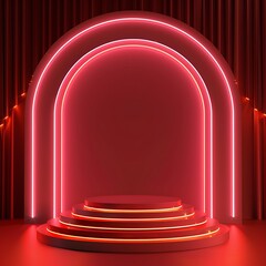 Neon show light podium red background. 