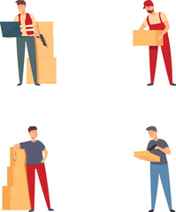 Collection of four illustrations featuring delivery men with packages in different poses