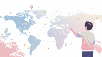 Man Pointing at World Map, Global Business and Travel Concept