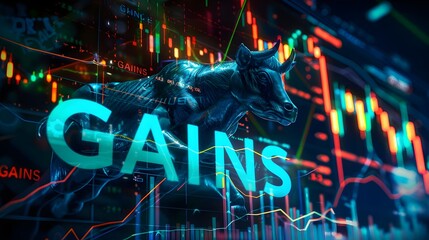 Wall Street Investor Bull Betting On Bullish Market With "GAINS" Text, On Futuristic Stock Market Charts And Graphs Background (Generative AI)