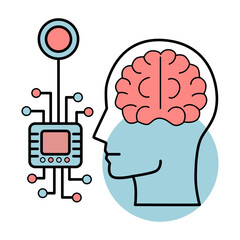 Neurochip. Human brain with a chip. Linear icon. Future concept
