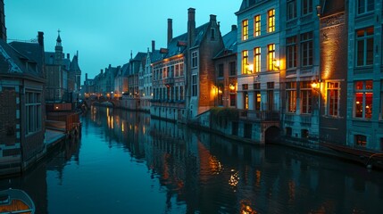 Fototapeta premium Tranquil canal and historic buildings at dusk in quaint European town. The serene water reflects charming architecture. Ideal for travel blogs, stock photography, or cityscape art prints. AI