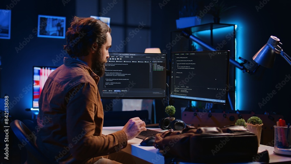 Poster freelancing software programmer arriving in personal office at home, resuming work on coding. self e