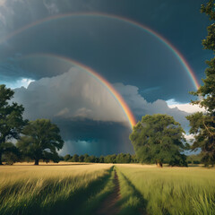 Naklejka premium rainbow over green field