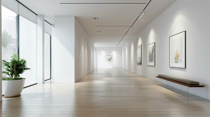 A large, bright, and spacious art gallery with natural light flooding the room.