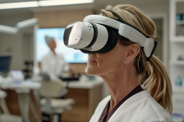 Senior woman exploring virtual reality headset technology in a modern office setup, highlighting innovation and technology in a professional environment.