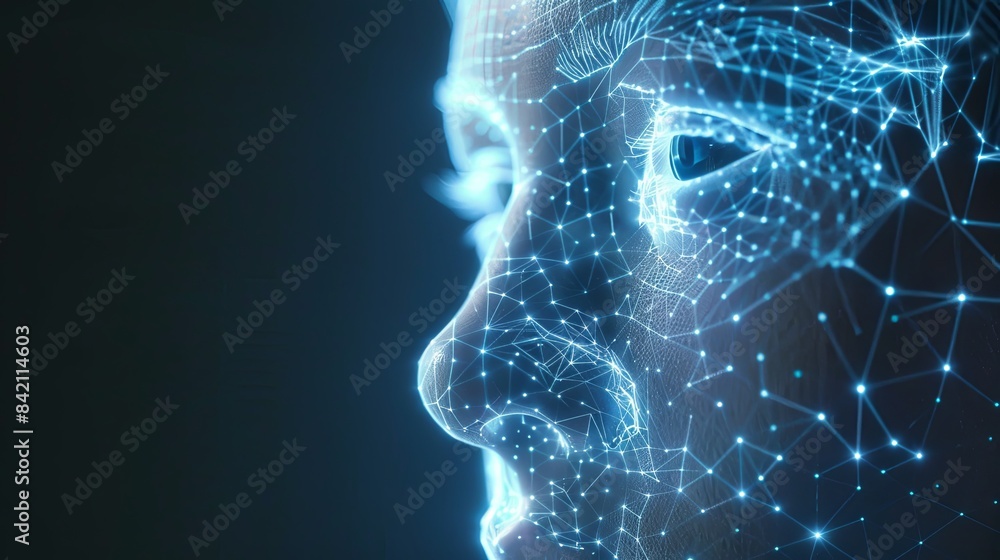 Aufkleber A close-up image of a face rendered in a digital network, showcasing the intricate details captured by facial recognition technology. Generative AI