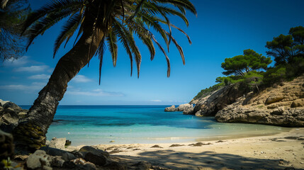 A beautiful beach with a palm tree in the foreground