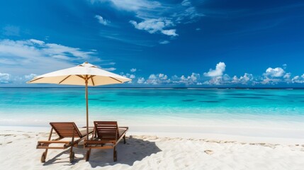 Obraz premium Peaceful Beach Scene with Two Chairs and Umbrella on Sandy Shore Under Blue Sky. Scenic Beach Landscape Perfect for Vacation and Travel Advertising. Serene Coastal Image for Relaxing Atmosphere. AI