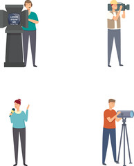 Collection of illustrated media professionals including a news anchor, photographer, reporter, and cameraman