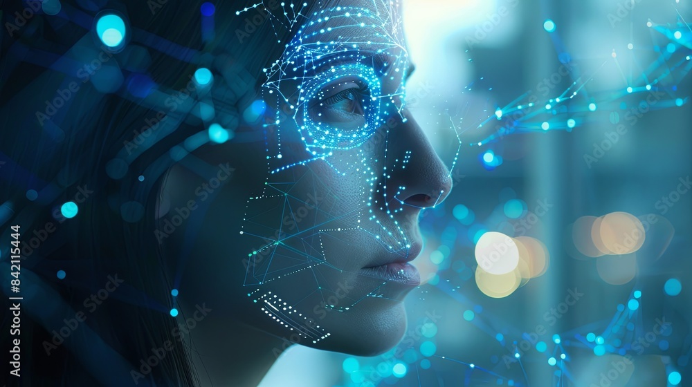 Aufkleber a womans face is overlaid with a digital grid, showcasing the workings of facial recognition technol