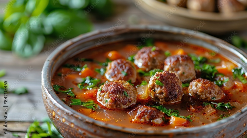 Sticker Homemade Meatball Soup With Parsley Garnish in a Brown Bowl - Stickers