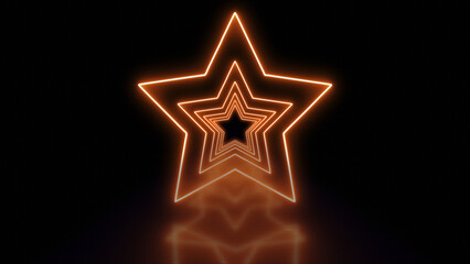 Fototapeta premium Bright glowing neon background. Endless futuristic mirror tunnel of glowing stars with floor reflections. Futuristic corridor with neon lights. Night club, party, event, and holiday.