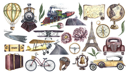 A retro journey. A set with vintage transports and travel elements. Clip art of watercolor illustrations made by hand. Isolate it. For banner, flyer, poster. For print, sticker, postcard and ticket.