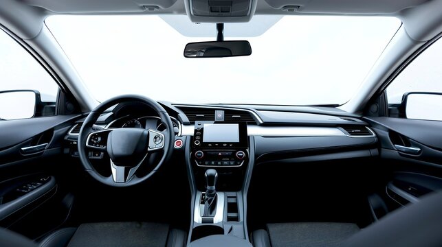 Modern car interior with sleek design and advanced technology. The dashboard is minimalistic and spacious. Perfect for automotive enthusiasts or design inspiration. AI