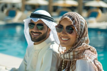 Smiling Muslim couple enjoying vacation at luxury resort poolside, relaxing in sunglasses and traditional attire