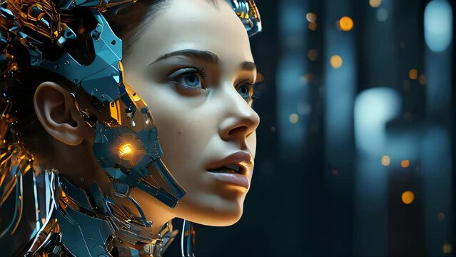 Robot and human face. Concept of artificial intelligence and cybersecurity