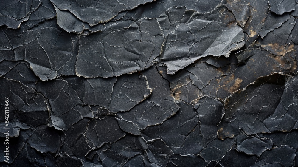 Poster close up view of abstract black cardboard texture on an aged paper background with a grungy concrete