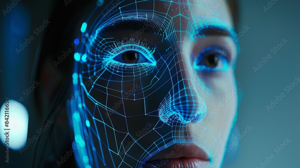 Poster a close-up shot of a persons face scanned by facial recognition technology, illuminated by a blue di