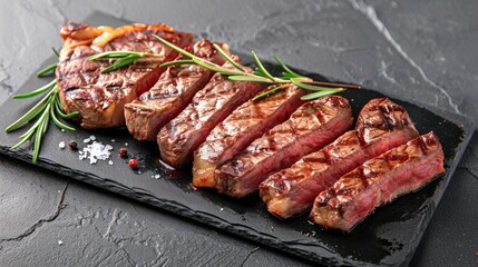 Sliced juicy grilled steak on dark slate board with fresh rosemary, coarse salt, and pepper. Perfect for culinary websites, food blogs, and cookbooksAI