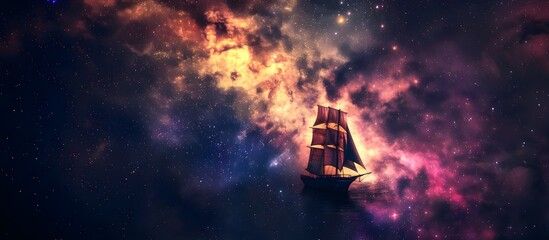 A Sailboat Traveling Among The Stars In A Colorful Rainbow Galaxy Sea In Stars And Space (Generative AI)