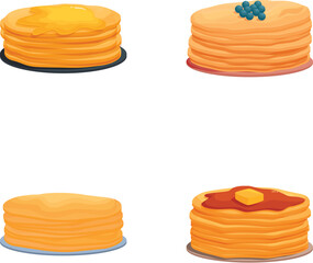 Colorful illustration set featuring various styles of pancake stacks with toppings